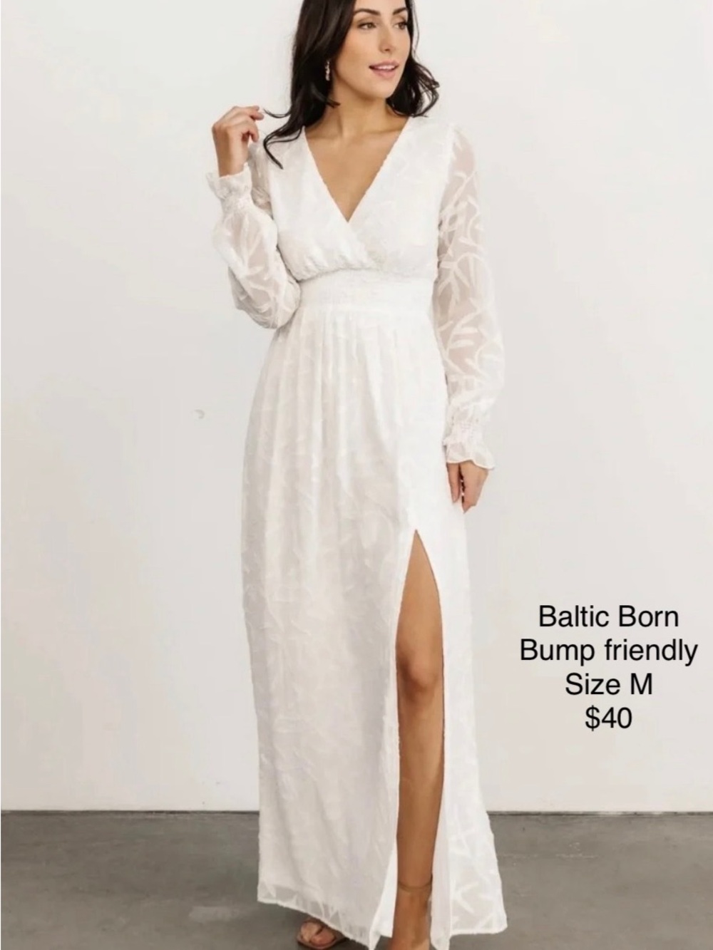 Baltic Born Ivory Textured V-Neck Maxi Dress with High Slit